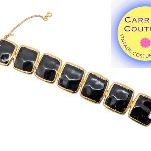 Vintage Signed Monet Goldtone & Black Enamel Contempora Link Bracelet, 1972